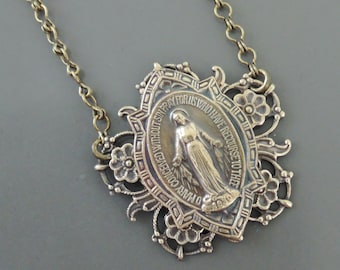 Vintage Jewelry - Vintage Brass Necklace - Mother Mary Necklace - Catholic jewelry - Chloes Vintage Jewelry - Spiritual Jewelry - handmade