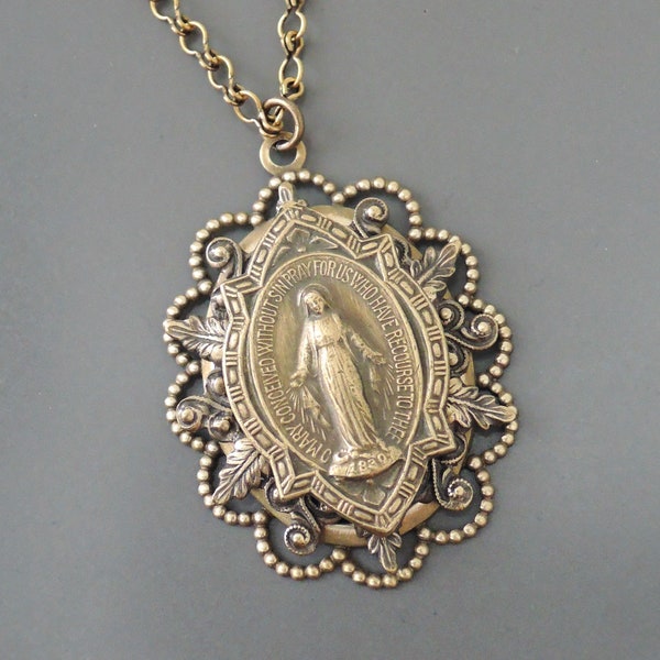 Vintage Brass Mother Mary Necklace: Catholic Spiritual Jewelry