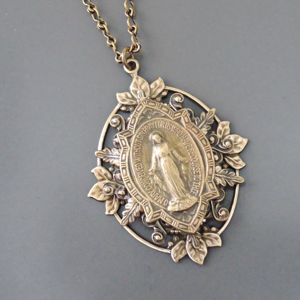 Vintage Brass Mother Mary Necklace: Catholic Spiritual Jewelry