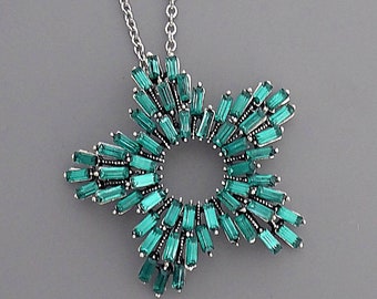 Vintage Inspired Green Crystal  Silver Snowflake Necklace - Holiday Jewelry