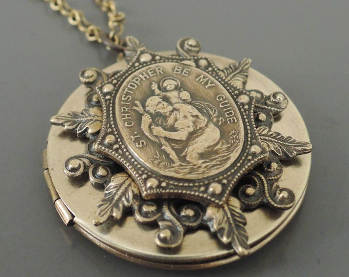Vintage Necklace Locket Necklace Saint Christopher Necklace Brass ...