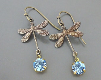 Vintage Jewelry - Art Deco Earrings - Vintage Brass Earrings - Dragonfly Earrings - Blue Dangle Earrings - Brass Earrings - Cute Earrings