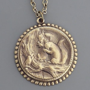 Vintage Brass Squirrel Necklace: Woodland Scene Pendant