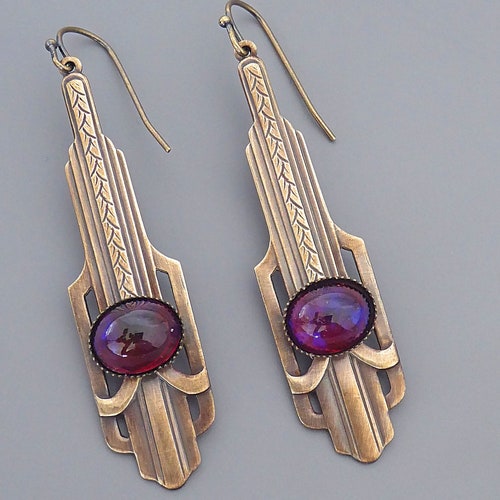 Vintage Jewelry Art Deco Earrings Purple Earrings Brass - Etsy