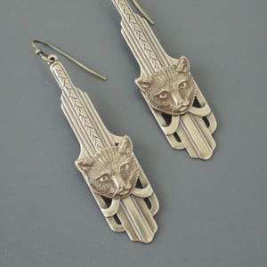 Vintage Art Deco Cat Earrings: Brass Kitten Dangle Jewelry