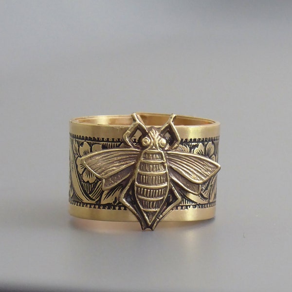 Vintage Brass Bee Ring: Floral Adjustable Band