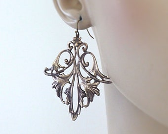 Vintage Art Nouveau Brass Drop Earrings: Leaf Statement Jewelry