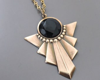 Vintage Jewelry - Art Deco Necklace - Black Necklace -Vintage Necklace - Brass Geometric Necklace - Chloe's Vintage Handmade Jewelry