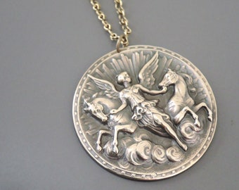 Vintage Art Nouveau Brass Angel Horse Necklace