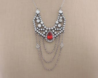 Art Deco Ruby Necklace: Handmade Crystal Drip Silver Necklace