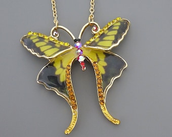 Vintage Jewelry - Butterfly Necklace - Vintage Inspired Necklace - Crystal Necklace - Yellow Necklace -  Gold Necklace - Handmade Jewelry