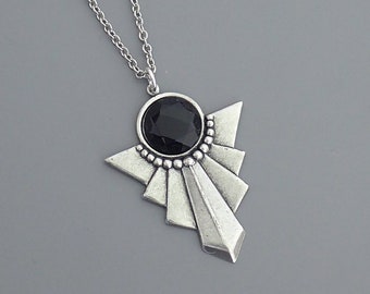 Vintage Art Deco Necklace: Black Glass & Silver Geometric Pendant