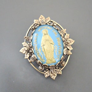 Vintage Art Deco Brass Brooch: Mother Mary Cameo, Light Blue