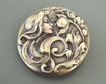 Vintage Art Nouveau Mässingsbrosch: Mucha Kvinna Vallmo Nål