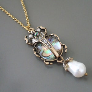 Scarab Necklace - Vintage Inspired Necklace - Mother of Pearl Necklace - Insect Necklace - Crystal Necklace - Chloes Vintage Handmade