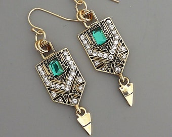 Vintage Jewelry - Vintage Inspired Gold Art Deco Earrings - Emerald Green Earrings - Crystal Earrings - Dangle Earrings - Chloe's Jewelry