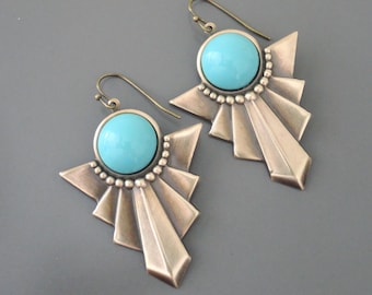 Vintage Art Deco Turquoise Blue Earrings: Brass Chevron Drop Earrings