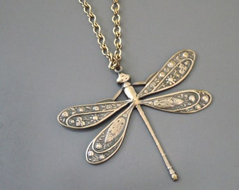 Vintage Jewelry - Vintage Necklace - Dragonfly Necklace - Art Deco Necklace - Brass Necklace - Pendant Necklace - Chloe's Handmade Jewelry