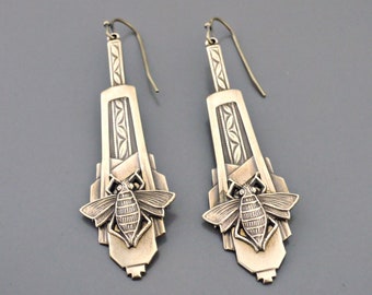 Vintage Art Deco Bee Drop Earrings: Brass Honeybee Jewelry