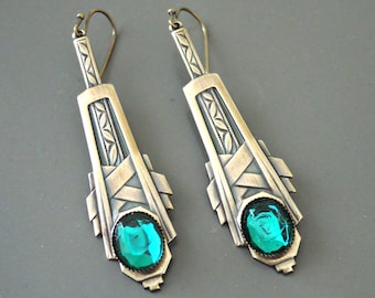 Vintage Jewelry - Art Deco Drop Earrings - Emerald Green Earrings-  Wedding Earrings - Brass Earrings - May Birthstone - handmade jewelry