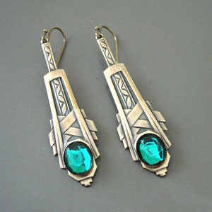 Vintage Jewelry - Art Deco Drop Earrings - Emerald Green Earrings-  Wedding Earrings - Brass Earrings - May Birthstone - handmade jewelry