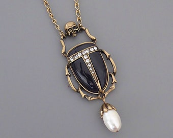 Vintage Jewelry - Art Deco Inspired Necklace - Gold Scarab Necklace - Black Scarab Necklace - Crystal Necklace - Chloe's Vintage Handmade