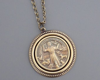 Vintage Jewelry - Vintage Necklace - Saint Francis necklace - Brass Necklace - Religious jewelry - Catholic necklace - handmade jewelry