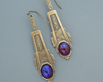 Vintage Jewelry - Art Deco Earrings - Purple Drop Earrings -  Brass jewelry - Dragon's Breath Earrings - Chloe's Vintage Handmade Jewelry