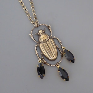 Vintage Jewelry - Vintage necklace - Scarab Necklace - Egyptian Jewelry - Black Scarab - Rhinestone Necklace - Brass Necklace - Chloe's