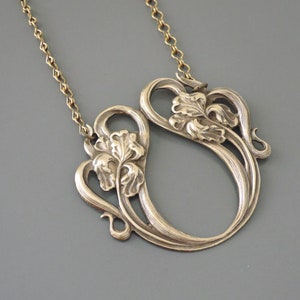 Vintage Art Nouveau Iris Flower Necklace - Brass Pendant