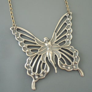 Vintage Brass Butterfly Fairy Necklace - Art Nouveau Style