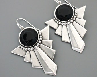 Vintage Art Deco Silver Plated Earrings: Black Glass Statement Jewelry