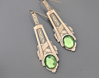 Boucles D'oreilles Anciennes Art Déco - Plaqué Or Avec Véritable Jadéite Ovale Verte - Pendantes Dormeuses