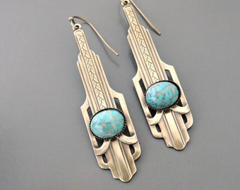 Vintage Art Deco Brass Earrings: Turquoise Glass Cabochons