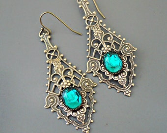 Vintage Jewelry - Vintage Earrings - Art Nouveau Drop  Earrings - Emerald Green  Earrings - Filigree Earrings - Brass Earrings - handmade