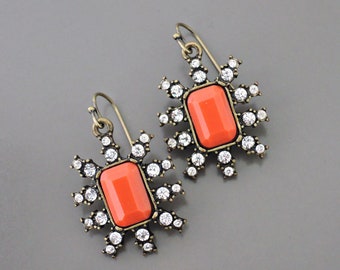 Vintage Jewelry - Art Deco Inspired Earrings - Coral Orange Earrings - Crystal Earrings - Chloe's Vintage Handmade Jewelry