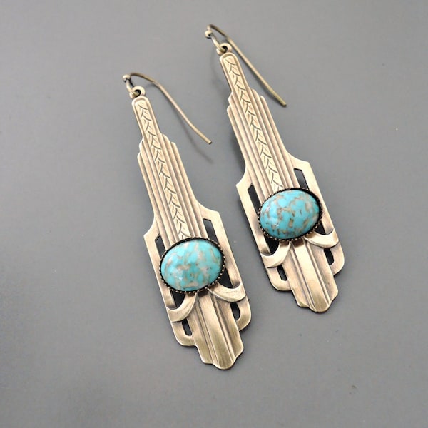 Vintage Jewelry - Vintage Earrings - Art Deco Earrings - Brass Earrings - Turquoise Blue Earrings - Chloes Vintage Handmade Jewelry