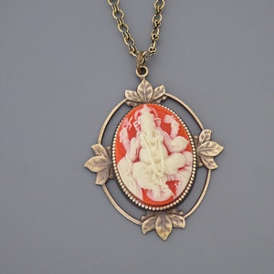Vintage Jewelry - Pendant Necklace - Elephant Necklace - Ganesha Necklace - Brass jewelry - Orange and White Necklace - handmade jewelry