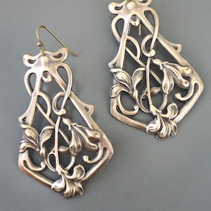 Vintage Jewelry - Art Nouveau Earrings - Statement Earrings - Vintage Earrings - Drop Earrings - Brass Earrings - Chloe&#39;s handmade jewelry