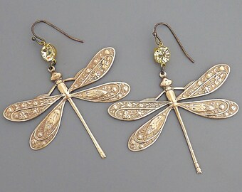 Boucles d'oreilles libellule art déco vintage : bijoux tendance en strass jaunes