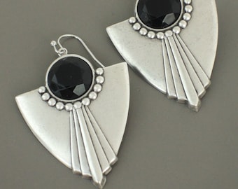 Vintage Art Deco Earrings: Silver Plated Black Glass Statement Jewelry