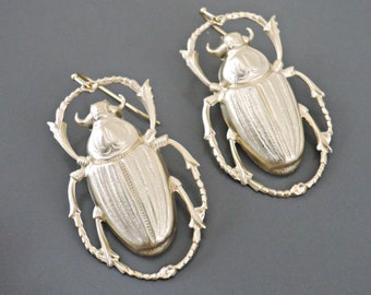 Vintage Gold Brass Scarab Earrings: Egyptian Revival Statement Jewelry