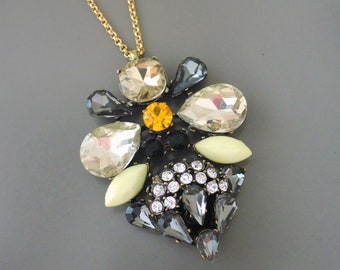 Vintage Jewelry - Art Deco Necklace - Vintage Inspired Necklace - Black Yellow Gray Necklace - Crystal Necklace - OOAK - Gold Necklace