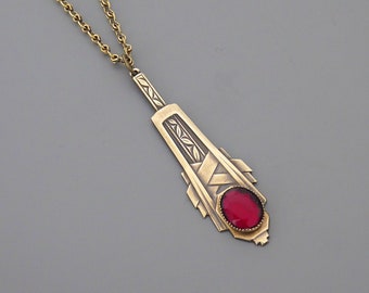 Vintage Art Deco Brass Necklace: Ruby Red Rhinestone Pendant