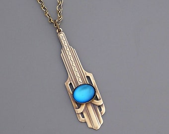 Vintage Jewelry - Art Deco Necklace - Blue Opal Necklace - Vintage Necklace - Brass jewelry - Chloe's Vintage handmade jewelry