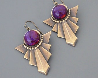 Vintage Art Deco Brass Earrings: Dragon's Breath Fire Opal Glass