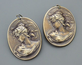 Vintage Jewelry - Vintage Earrings - Cameo Drop Earrings - Art Nouveau Earrings - Brass Earrings -  Chloes Vintage Handmade Jewelry