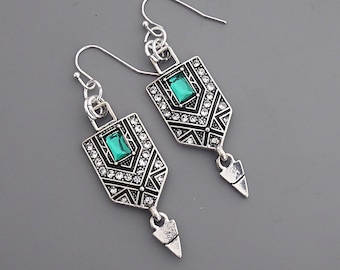 Vintage Jewelry - Art Deco Inspired Earrings - Emerald Green Earrings - Crystal Earrings - Silver Earrings - Chloe's Vintage Handmade