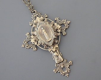 Vintage Brass Large Cross Necklace: Mother Mary Catholic Pendant