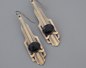 Vintage Jewelry - Art Deco Earrings - Vintage Earrings - Black Drop Earrings - Brass Earrings - Chloe's Vintage Handmade Jewelry